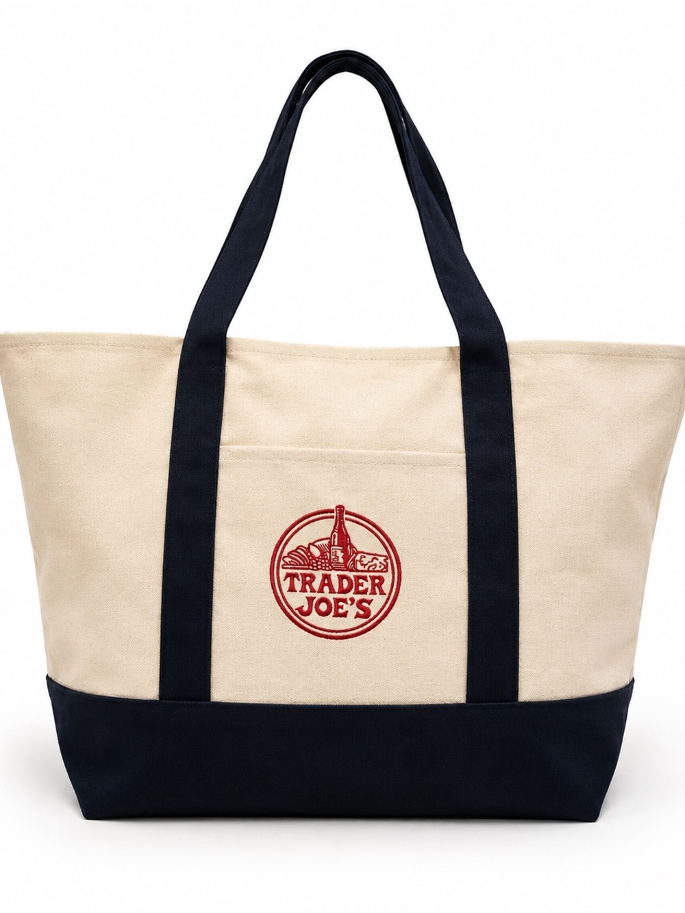 Trader Joe’s Large Canvas Tote Bag Black & Natural Embroidered Logo